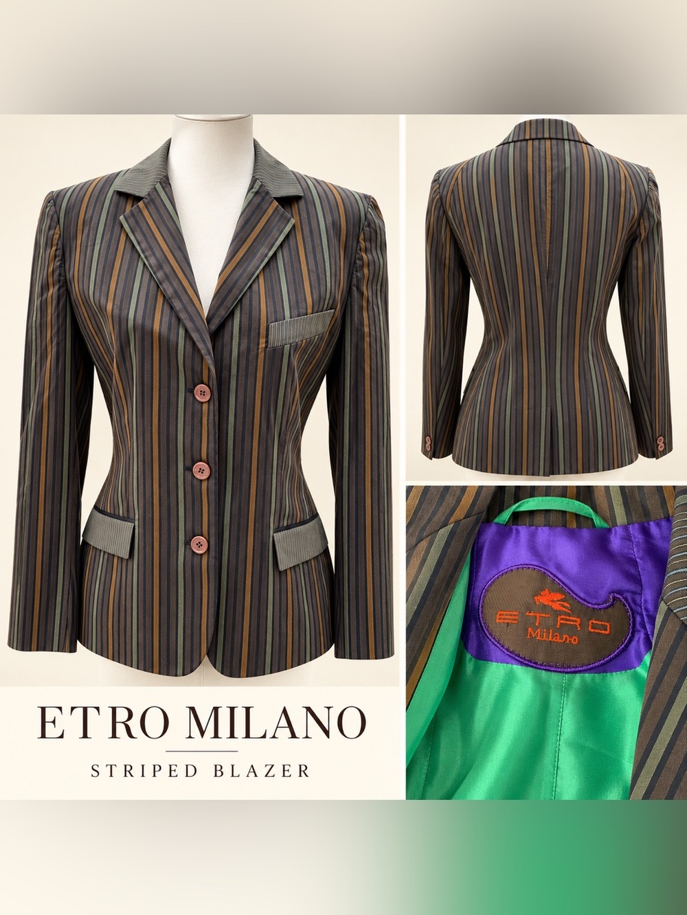 ETRO Women's Milano Striped Tailored Blazer IT 42 Black Olive Brown